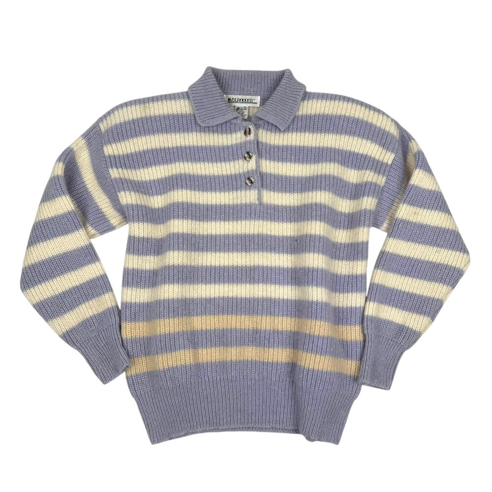 Vintage Shetland Wool Striped Polo-Style Sweater Lavender Cream 80s Small